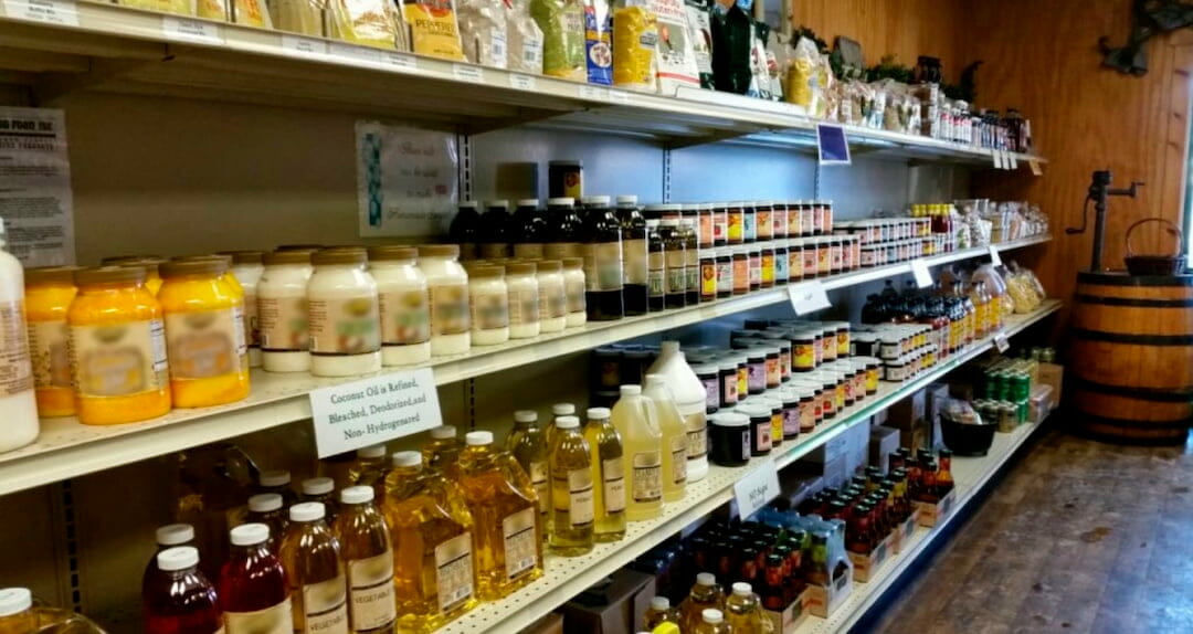 food products on a small store shelf