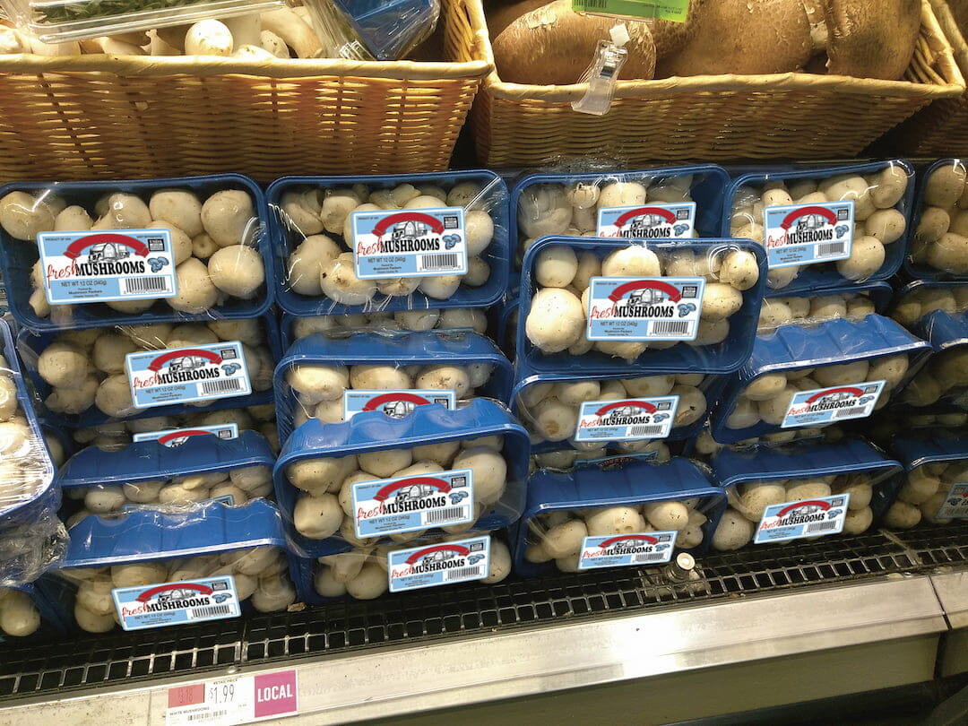 Mushroom tills on a store shelf