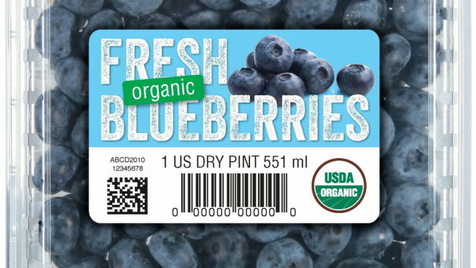 printed blueberries container with Traceback 2d Code