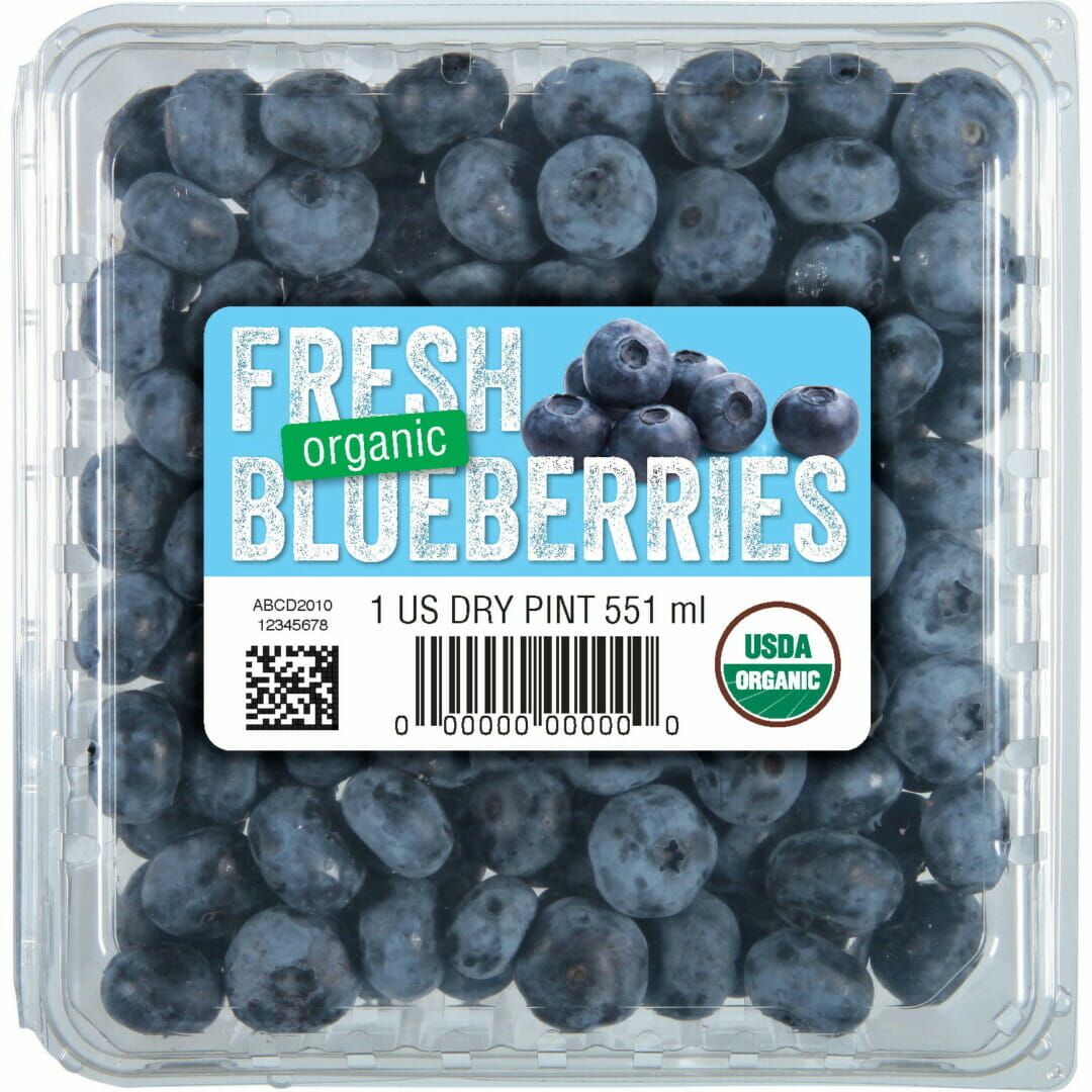 printed blueberries container with Traceback 2d Code